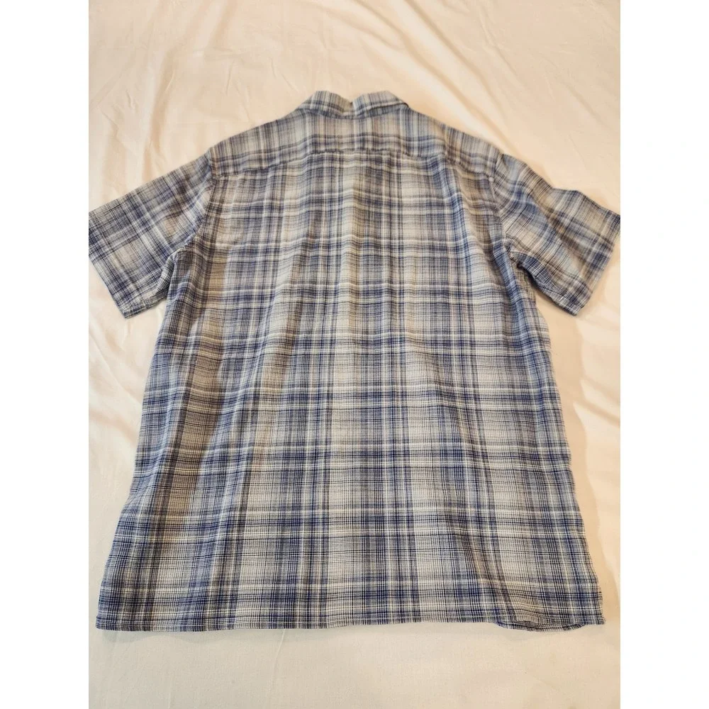 Banana Republic Mens L‎ Slim Fit Short Sleeve Plaid Button Down Shirt Blue Sheer